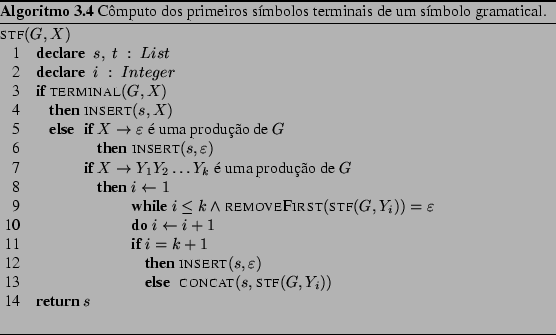 \begin{Program}
% latex2html id marker 2064\begin{algorithm}{stf}{G, X}
\alg...
...mputo dos primeiros smbolos terminais de um smbolo
gramatical.}\end{Program}
