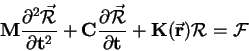 \begin{displaymath}
{\bf {M}}\frac {\partial^{2}{\vec{\cal R}}}{\partial {\bf t}...
...rtial {\bf t}}+
{\bf {K}}({\bf {\vec r}}){{\cal R}}={{\cal F}}
\end{displaymath}