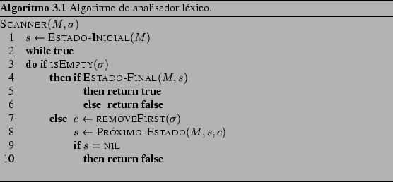 \begin{Program}
% latex2html id marker 1736\begin{algorithm}{Scanner}{M,\sigm...
...\end{WHILE}\end{algorithm}\caption{Algoritmo do analisador lxico.}\end{Program}