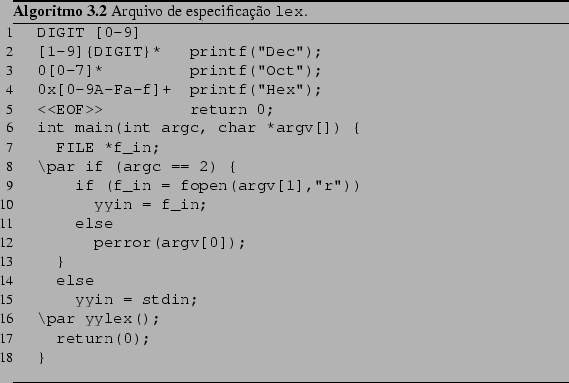 \begin{Program}
% latex2html id marker 1849
[htb]
\begin{listing}{1}
DIGIT [0-9]...
...0);
}
\end{listing}\caption{Arquivo de especificao \texttt{lex}.}\end{Program}