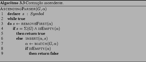 \begin{Program}
% latex2html id marker 2025\begin{algorithm}{AscendingParser}{...
... \end{IF} \end{WHILE}\end{algorithm}\caption{Contruo ascendente.}\end{Program}