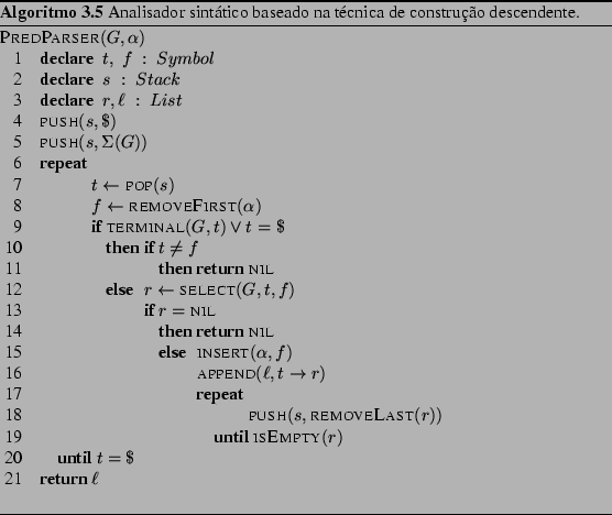 \begin{Program}
% latex2html id marker 2152\begin{algorithm}{PredParser}{G,\a...
...Analisador sinttico baseado na tcnica de construo descendente.}\end{Program}