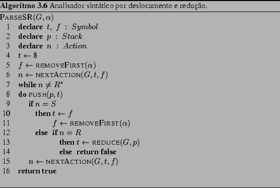 \begin{Program}
% latex2html id marker 2351\begin{algorithm}{ParseSR}{G,\alph...
...lgorithm}\caption{Analisador sinttico por deslocamento e reduo.}\end{Program}