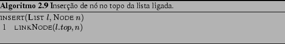 \begin{Program}
% latex2html id marker 1048
[bhtp]
\begin{algorithm}{insert}{\t...
...
\end{algorithm} \caption{Insero de n no topo da lista ligada.}\end{Program}