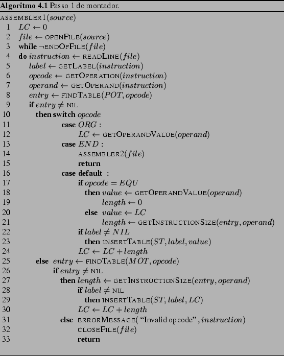 \begin{Program}
% latex2html id marker 3153
[htbp]
\begin{algorithm}{assembler1...
...\end{IF} \end{WHILE} \end{algorithm} \caption{Passo 1 do montador.}\end{Program}