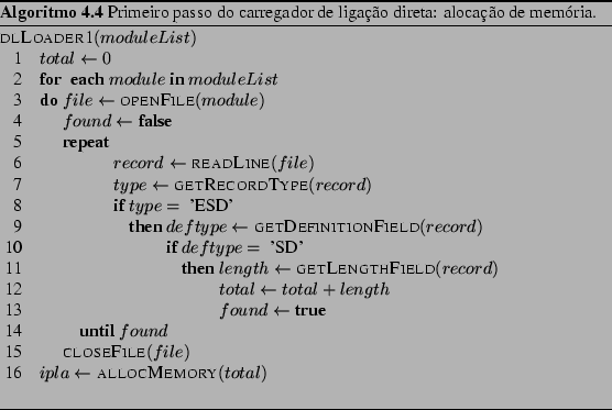 \begin{Program}
% latex2html id marker 3394\begin{algorithm}{dlLoader1}{module...
...meiro passo
do carregador de ligao direta: alocao de memria.}\end{Program}