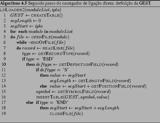 \begin{Program}
% latex2html id marker 3426\begin{algorithm}{ldLoader2}{module...
...Segundo passo
do carregador de ligao direta: definio da GEST.}\end{Program}