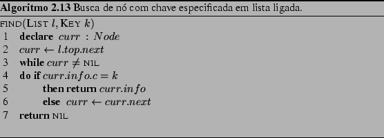 \begin{Program}
% latex2html id marker 1111\begin{algorithm}{find}{\textsc{Lis...
...rithm}\caption{Busca de n com chave especificada em lista ligada.}\end{Program}