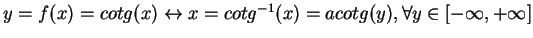 $y = f(x) = cotg(x) \leftrightarrow x = cotg^{-1}(x) = acotg(y), \forall y \in \left[ -\infty, +\infty\right]$